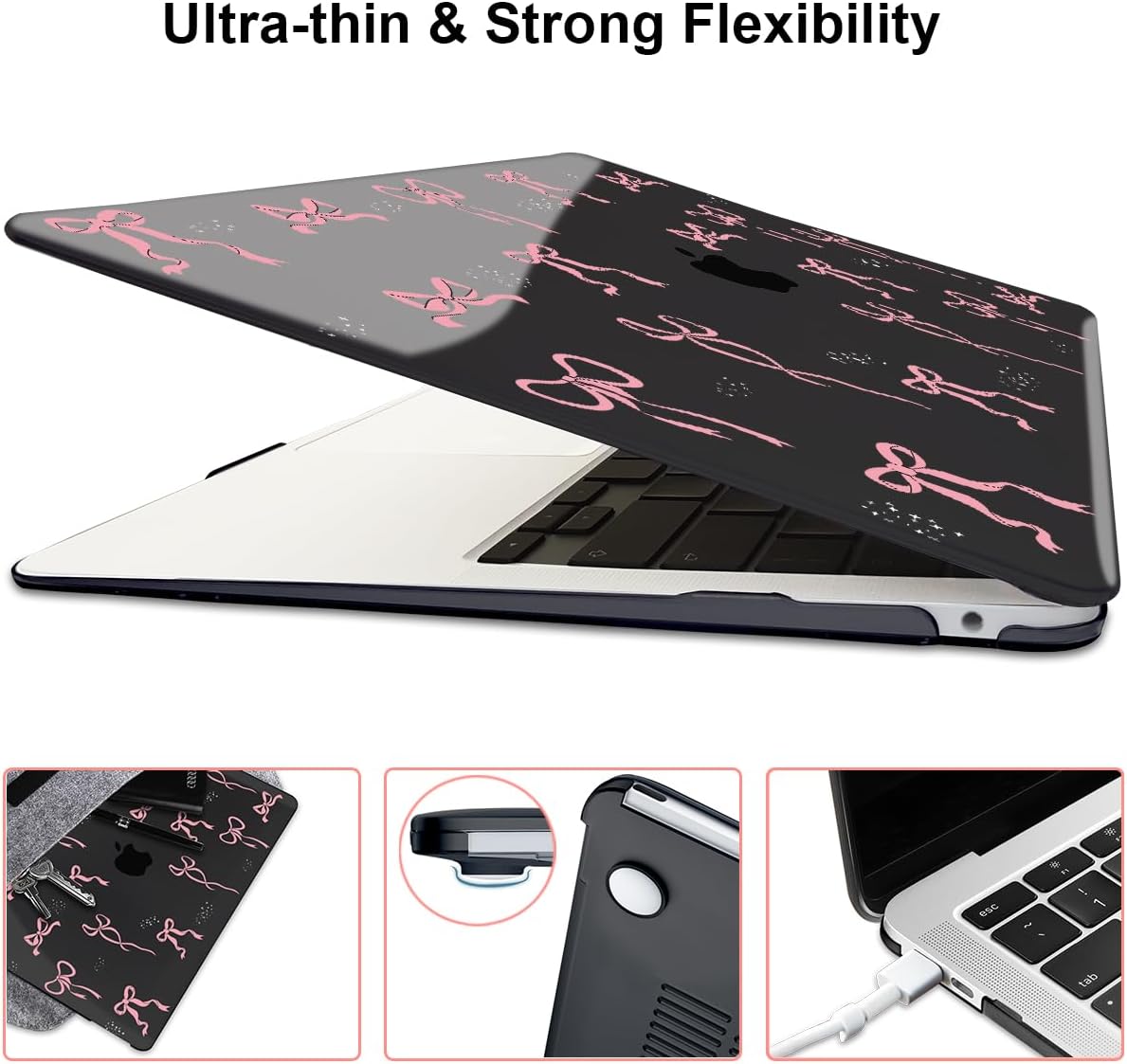 for MacBook Air 13 inch Case 2021 2020 2019 2018 Release M1 A2337 A2179 A1932, Pritned Pattern Plastic Hard Case Cover for MacBook Air 13 M1 with Retina Display Touch ID, Pink Bowknot Black