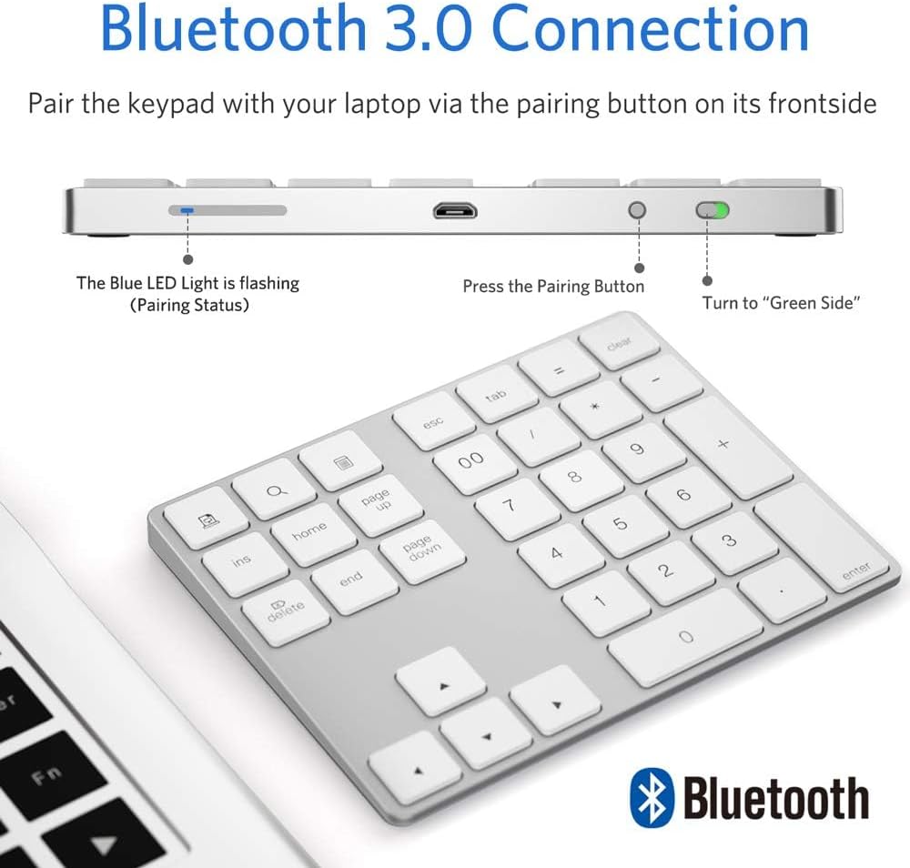 Bluetooth Number Pad, Wireless Numeric Keypad, USB-C Rechargeable External 34-Keys Numpad, Financial Data Entry Keyboard for iMac, MacBook Air/Pro, PC Desktop, Laptop Notebook(Silver)