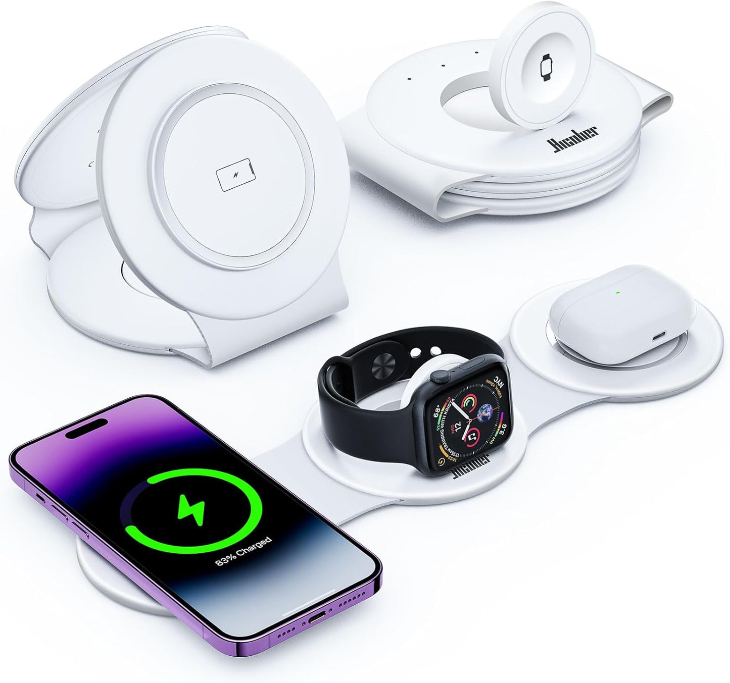 Hicober 3 in 1 Wireless Charging Station for iPhone 15, Magnetic Foldable Travel Charger Station Stand 18W for iPhone 16 15 14 13 12 Pro/Max/Plus/Apple Watch All Series & Airpods