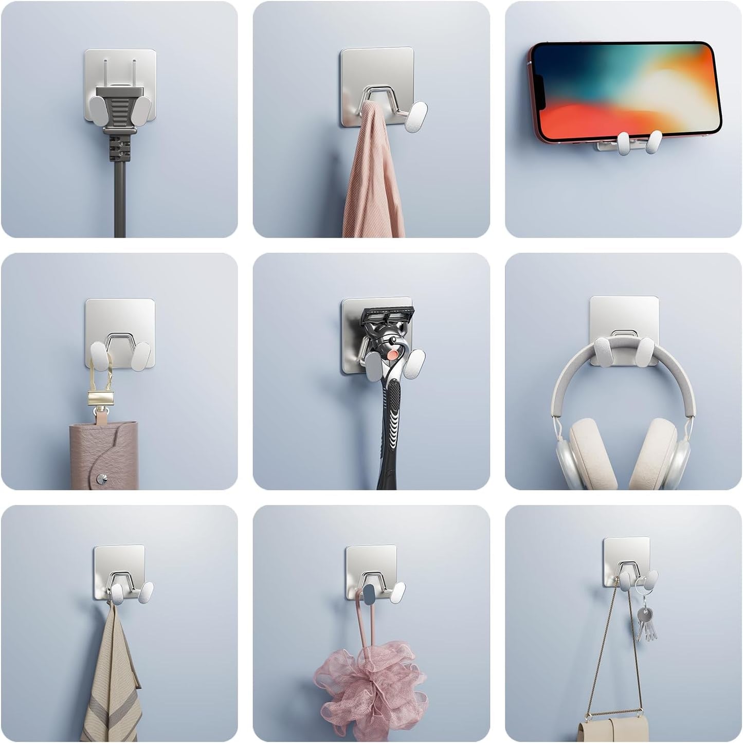 Adhesive Shower Hooks for Inside - Extra Sticky Stainless, Razor Holder Shower Accessories, Wall Mounted Self-Adhesive Double Hooks for Razor, Loofah, Towel, Shaver, Coat, Key, Silver, 4-Pack