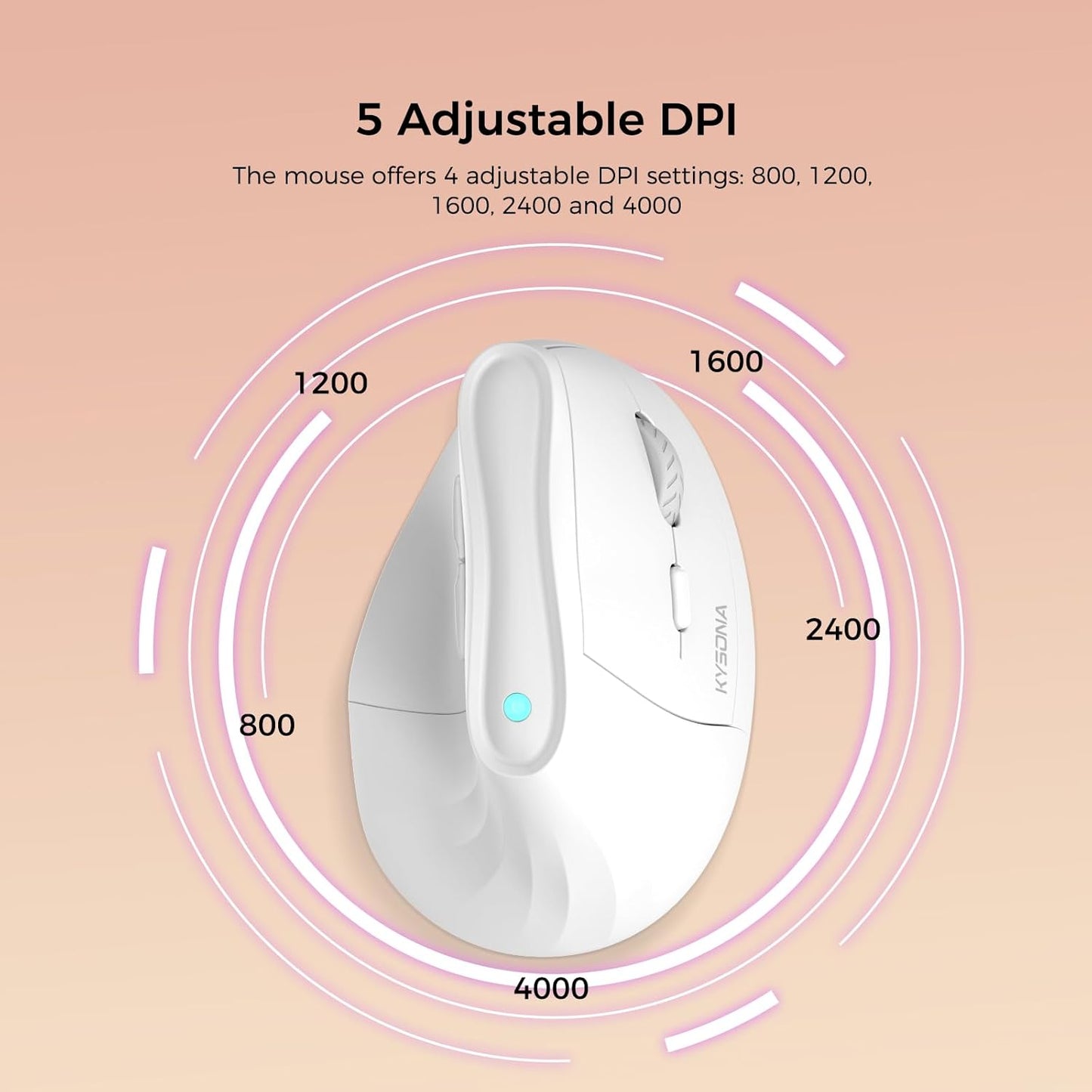 57° Ergonomic Wireless Tower Mouse, Vertical Quiet Ergo Mouse, Bluetooth(BT5.0,BT3.0)&2.4G, (800/1200/2400/2400/4000), 5 Buttons for Windows, macOS, iPadOS, Laptop, PC,White