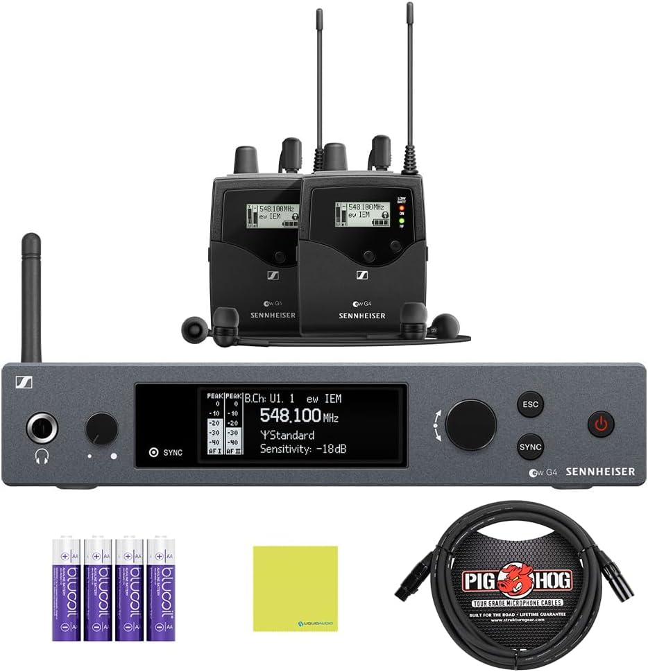 Liquid Audio Sennheiser ew IEM G4-Twin-A Wireless in-Ear Monitoring System Bundle w/Pig Hog PHM10 8mm Mic Cable, 4-Pack Blucoil AA Batteries Polishing Cloth