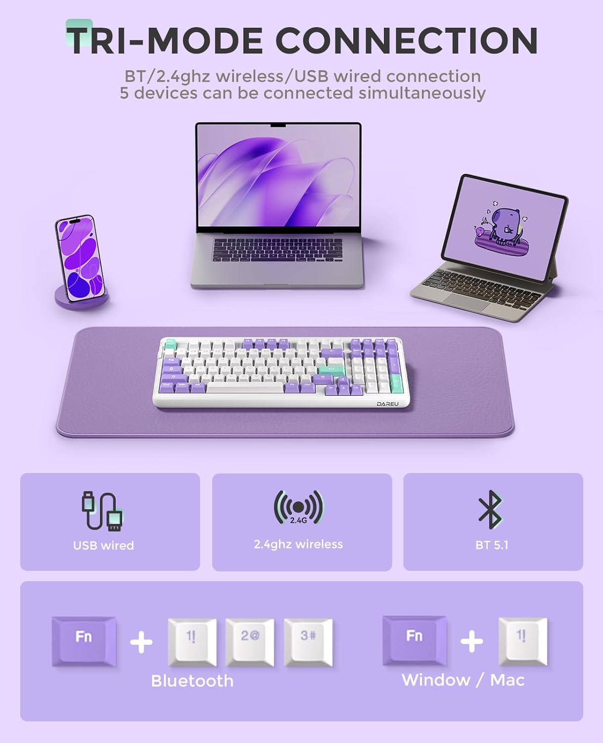 DAREU EK98pro Wireless Mechanical Keyboard, Gasket Hot Swappable Custom Structure, Creamy Pre-lubed Linear Switches, PBT Keycaps, BT5.0/2.4GHz/USB-C, RGB Backlit Gaming Keyboard for Win/Mac
