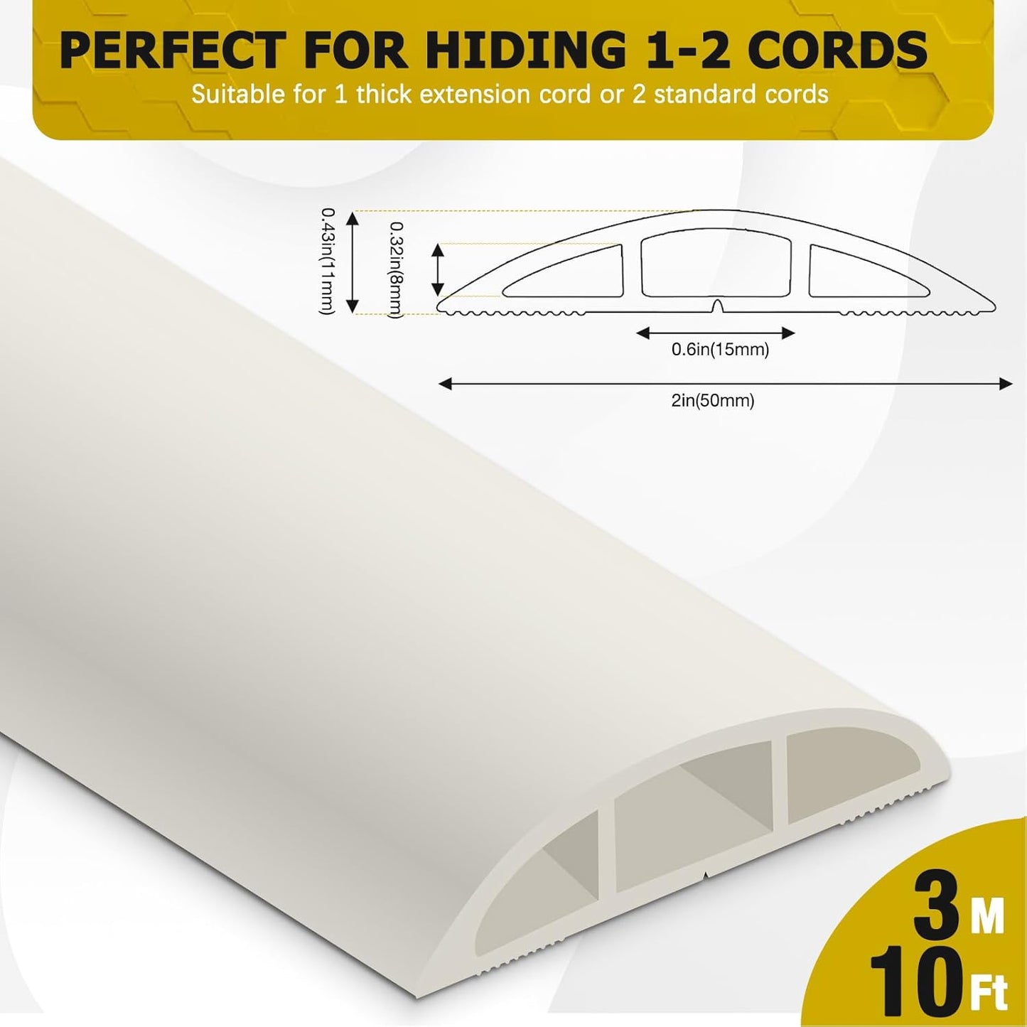 Floor Cord Cover 10FT Cord Covers for Wires on Floor Protect Wires & Prevent Trip Hazards, Easy to Cut for Home, Office, School, Concerts, Cavity W0.6in x H0.32in