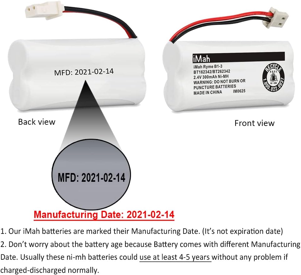 iMah Ryme B1-3 BT162342 BT262342 2.4V 300mAh Ni-MH Cordless Telephone Batteries Compatible with AT&T CL81101 EL5210 EL52400 VTech CS6409 CS6419 CS6429 CS80100 Handset, Pack of 4