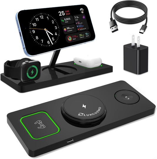 Wireless Charger Station 3 in 1, Fast Charging for iPhone 15/14/13/12 Pro/Max/Mini/Plus, Apple Watch 8/7/6/SE/5/4/3/2, AirPods 3/2/Pro/Pro 2, with Adapter (Black)