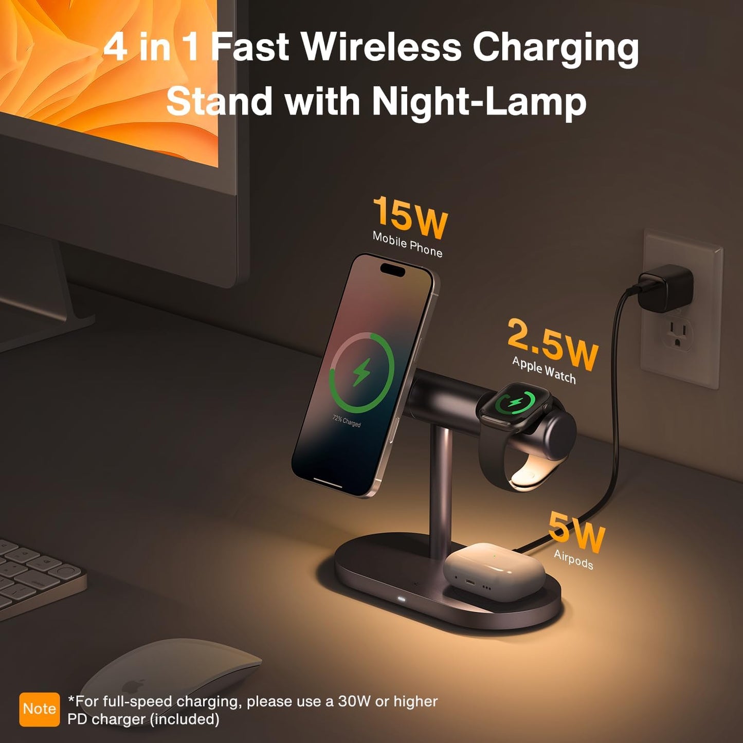 iVANKY Qi2 Certified 4 in 1 Wireless Charger Stand with Nightstand Light for MagSafe Magnetic Charging Station for iPhone 17/16 Plus Pro Max Air,Apple iWatch, Airpods (with 33 W PD Charger) ﻿