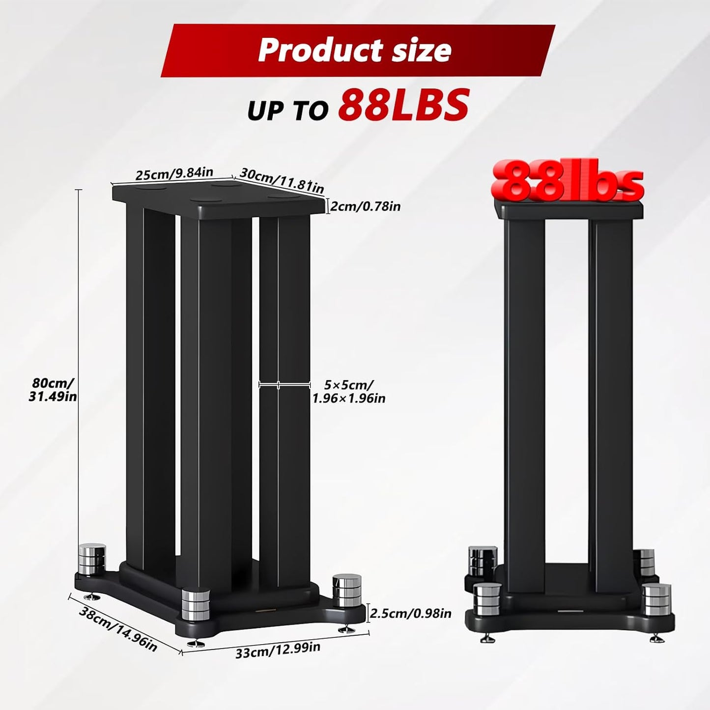 A Pair of Universal Speaker Stands, Heavy Duty Speaker Stands Holds Bookshelf Speaker Satellite Speaker Large Speaker, Vibration-Absorbing MDF Design, Holds 88lbs Speaker (Black, 80cm/31.4in)
