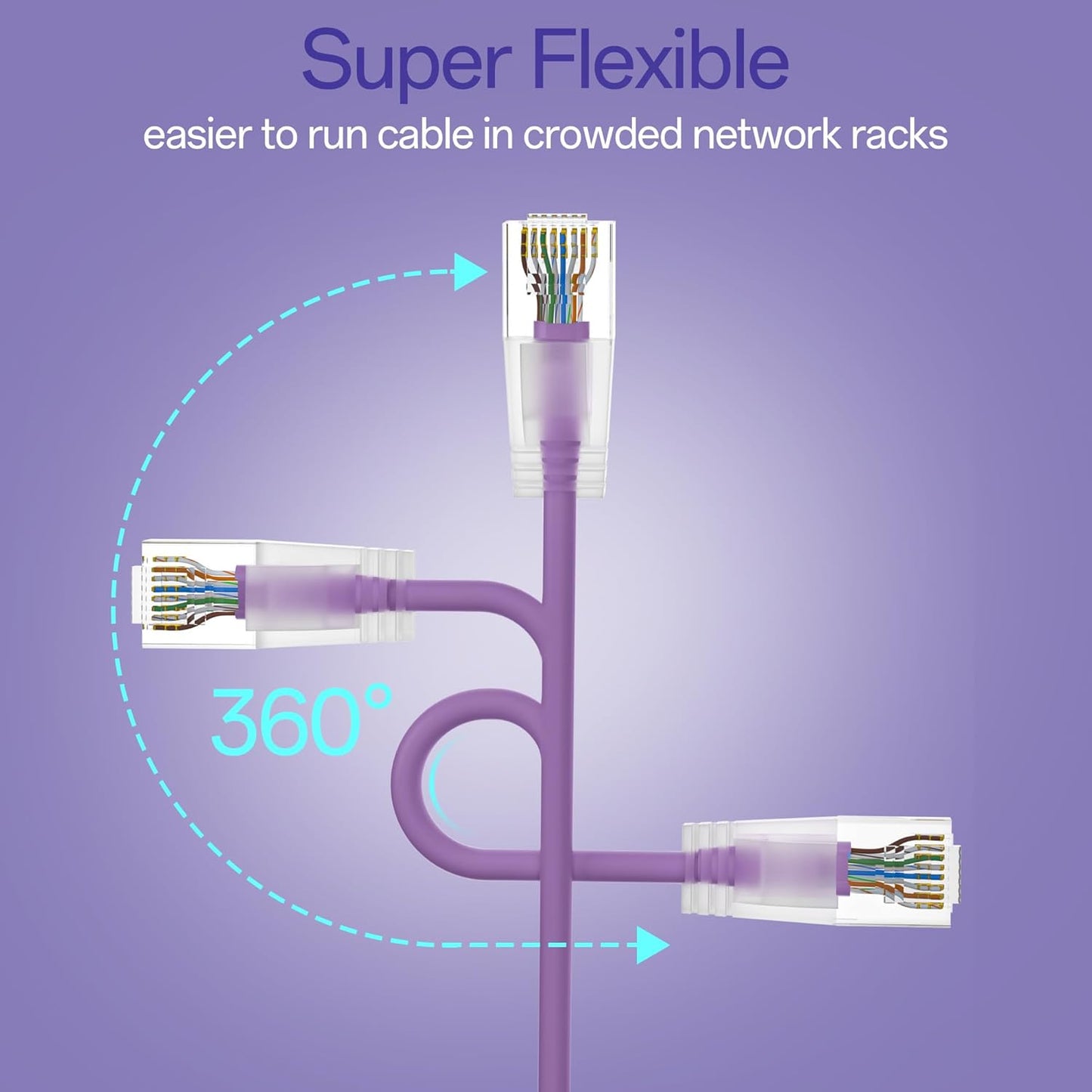 Cat6a Patch Cables 0.5ft (24 Pack) Slim, Cat6 Ethernet Patch Cable Pure Copper, Flexible Cat 6 Patch Cable 550MHZ 10G, Space-Saving Cat 6A Network Cables for Patch Panel, Purple