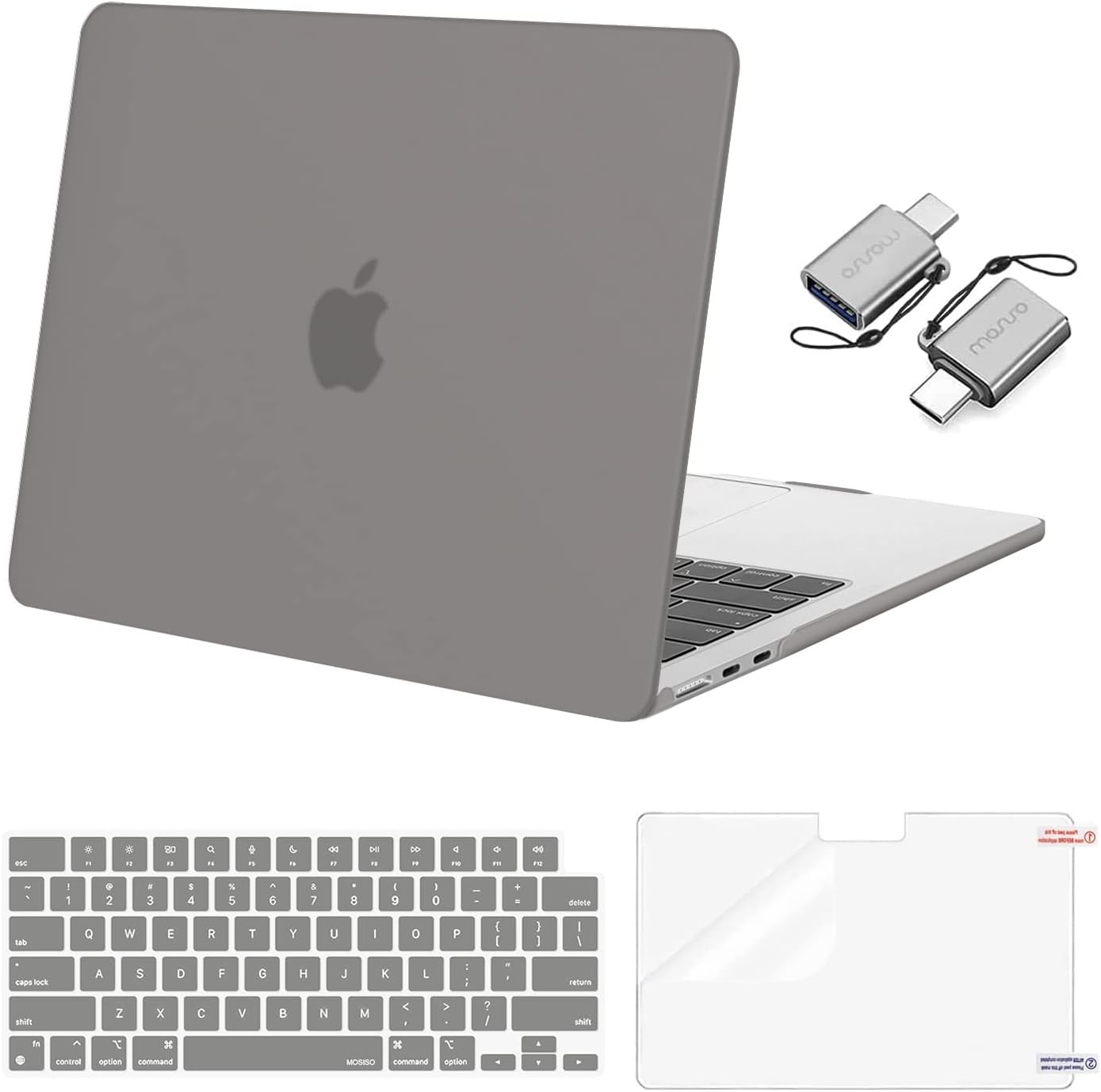 MOSISO Compatible with MacBook Air 13 inch Case 2025 2024 2023 2022 M4 A3240 M3 A3113 M2 A2681, Plastic Hard Shell&Keyboard Cover&Screen Film&Type C for MacBook Air 13.6 inch Case, Gray