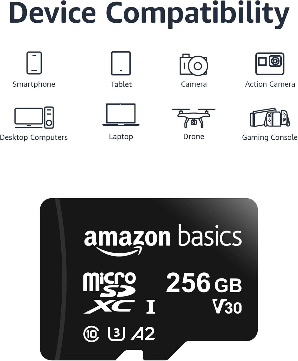 Amazon Basics Micro SDXC Memory Card with Full Size Adapter, A2, U3, Read Speed up to 100 MB/s, 256 GB, Black