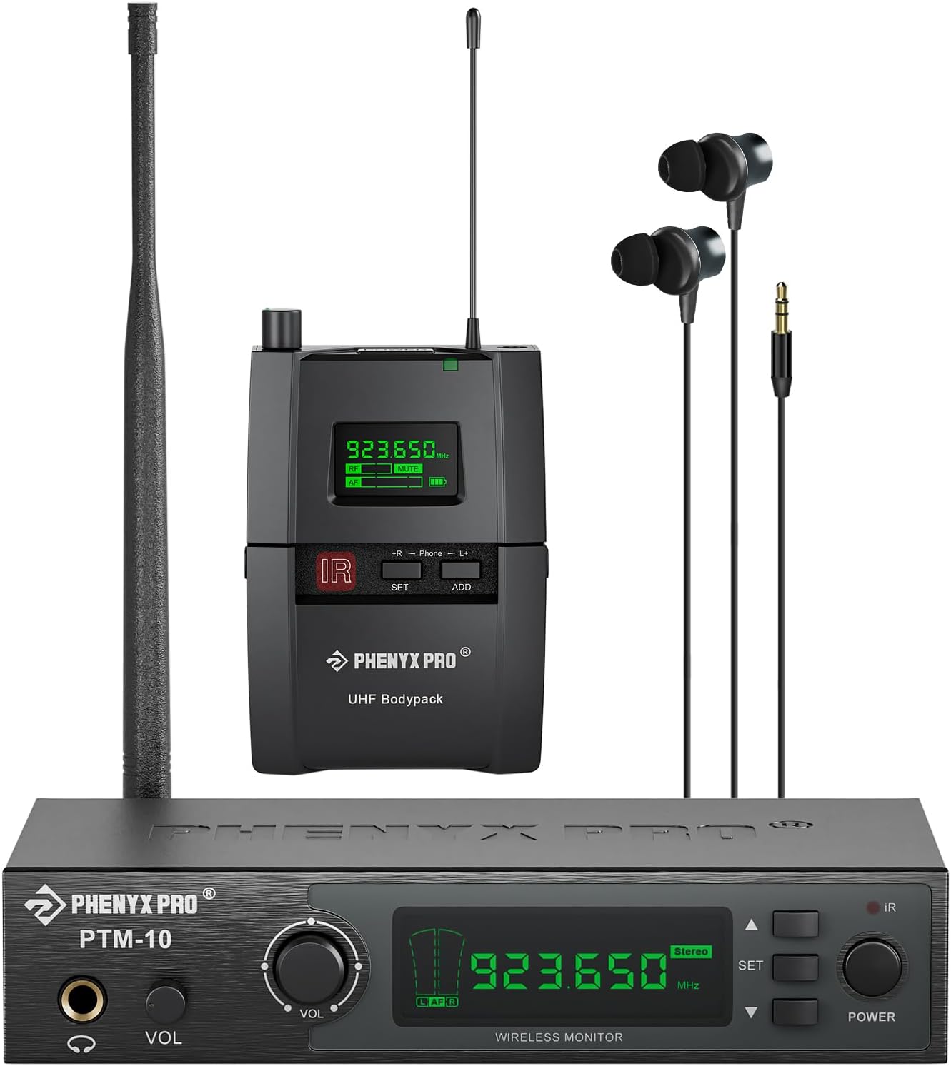 Phenyx Pro UHF Stereo Wireless in Ear Monitor System, Wireless IEM, 900MHz Band Selectable Frequency, Rack Mountable, 160 ft. Operation, Suitable for Stage, Studio, Exhibit, Lecture, Speech (PTM-10)