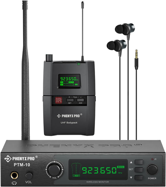 Phenyx Pro UHF Stereo Wireless in Ear Monitor System, Wireless IEM, 900MHz Band Selectable Frequency, Rack Mountable, 160 ft. Operation, Suitable for Stage, Studio, Exhibit, Lecture, Speech (PTM-10)