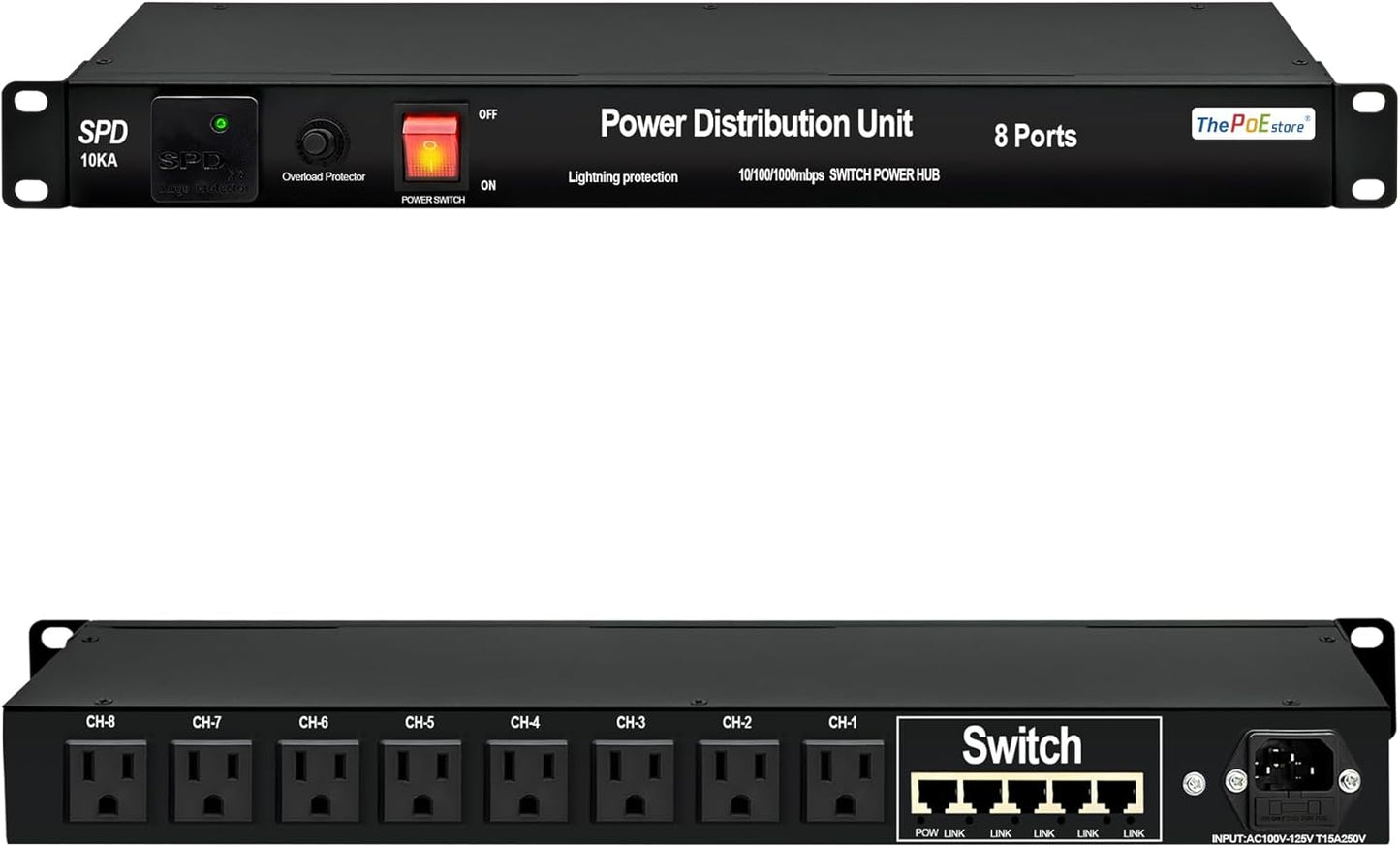 1U PDU Rackmount Power Strip with 8 NEMA 5-15R Outlets & 5-Port Gigabit Ethernet Switch, 15A 100-250V,10KA SPD 3600J Surge Protection, 6ft Cord, ETL Listed, Ideal for Server Racks & Networking