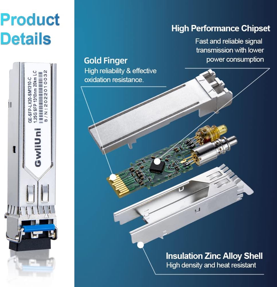10Pcs 1.25G Single Mode SFP Fiber Module Network Transceiver, LX SM 1310nm 20km, Duplex LC Interface for Switch, Router, Firewall, Network Card, Media Converter etc