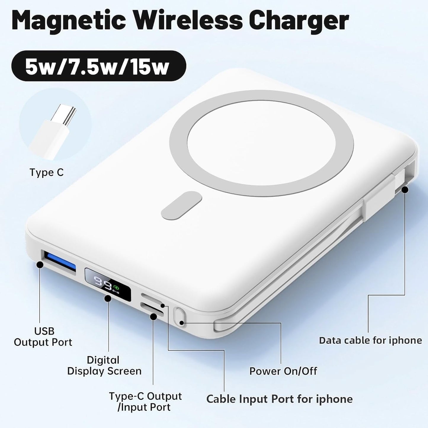 Azmuth for Magsafe Battery Pack, 10000mAh Magnetic Power Bank 22.5W PD Fast Charging with USB-C Cable LED Display Wireless Portable Charger with Stand for iPhone 16/15/14/13/12/Pro (White)