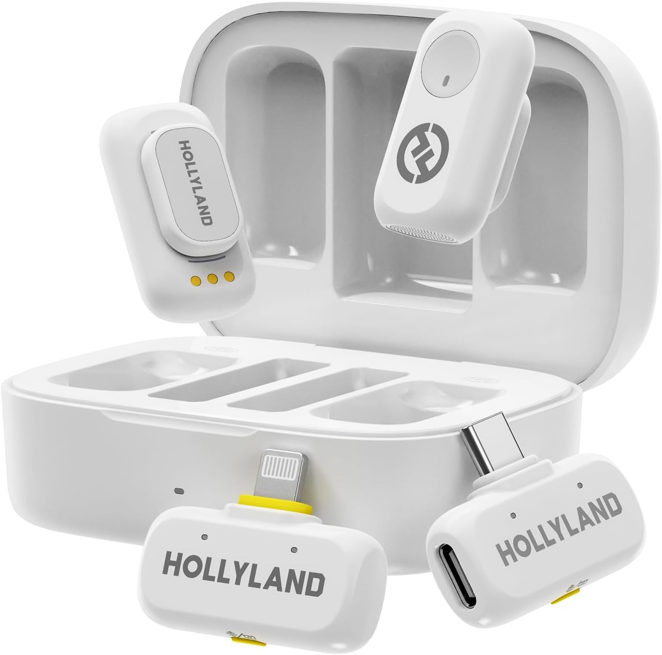 Hollyland Lark A1 Wireless Mini Microphone for iPhone & Android, 48kHz/24-bit, 3-Level Intelligent Noise Cancel, Microphone for YouTube, Podcast, Vlogging (White, 2TX + 2RX + Charging Case)