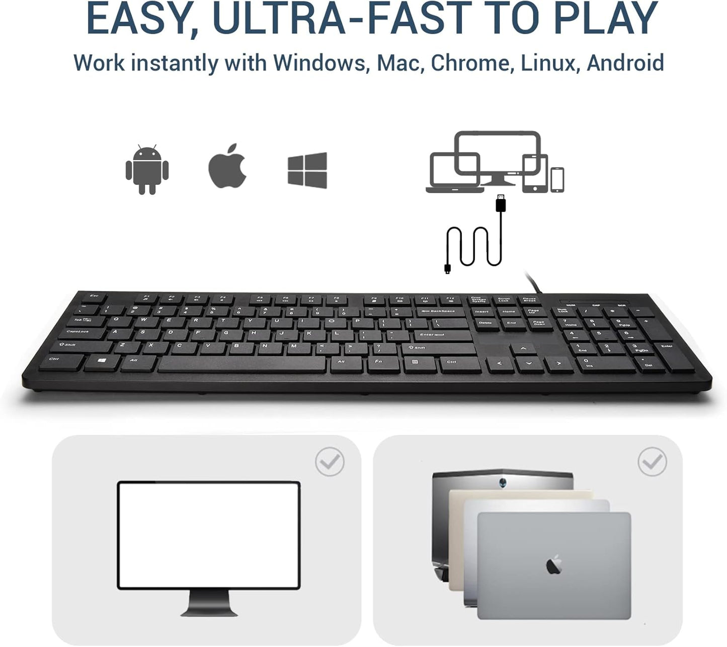 Computer Keyboard Wired, Plug Play USB Keyboard, Low Profile Chiclet Keys, Large Number Pad, Caps Indicators, Foldable Stands, Spill-Resistant, Anti-Wear Letters for PC Laptop (Black, 2-Pack)