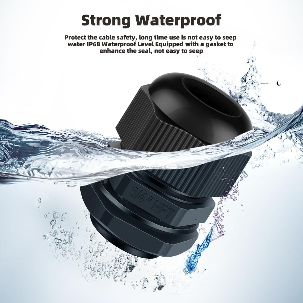 Cable Gland 12 Pack 3/4" NPT Waterproof Adjustable Connector Strain Relief Cord Connectors Joints Nylon with Gaskets…