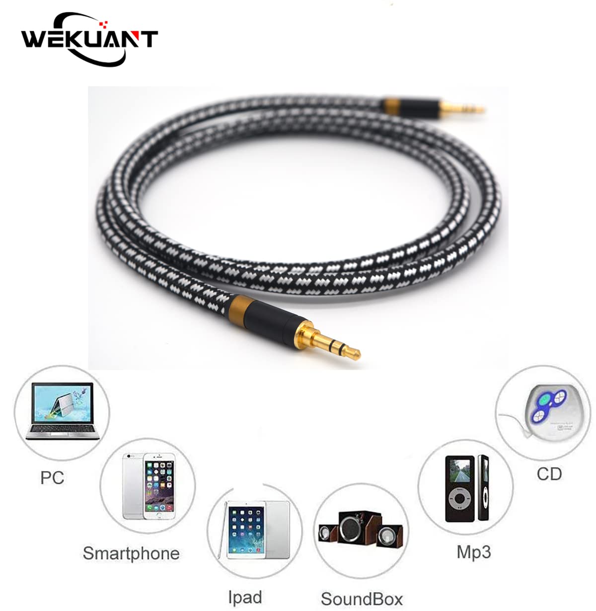 Aux Cord, Audiophile 3.5mm Stereo Audio Cable [0.75m (2.5 Feet), Silvered-Plated Copper core], Unbreakable and Great for Laptop, Tablets,Headphones, Cars and More.