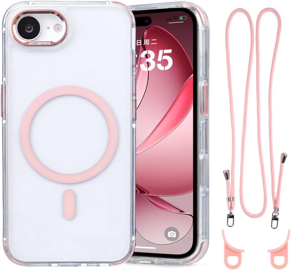 for iPhone 16e Case with Adjustable Phone Lanyard Strap, Compatible with MagSafe, Shockproof Military-Grade Protection, Magnetic Phone Case, Classic Clear Pink Hybrid Case, Yellowing Resistant