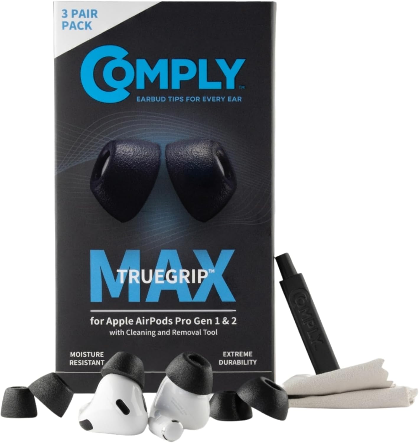 Comply TrueGrip MAX | Premium Memory Foam Replacement Earbud Tips for Apple AirPods Pro 1 & 2 | Long Lasting Comfort, Extreme Durability, Secure Fit, Superior Noise Isolation| Black (Large) (3 Pairs)