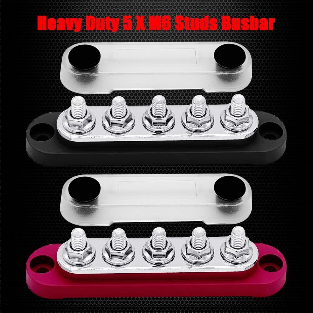 5 x M6 (1/4") Studs Power Distribution Block Bus Bar 12V, Ampper 4.3" 150A Marine BusBar Battery Distribution Block W/Cover for Car Boat Solar (Red & Black)