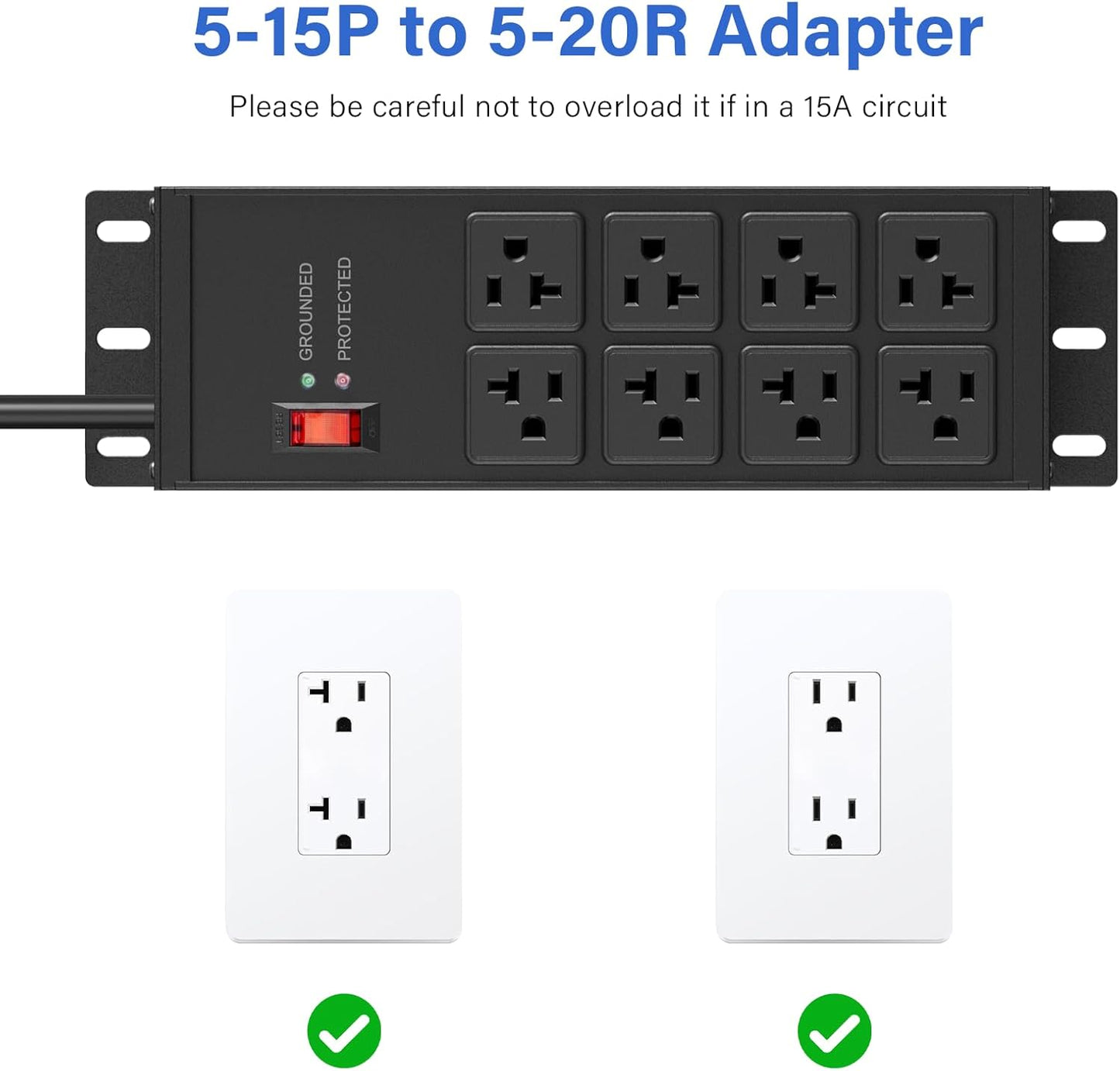 CCCEI Black Heavy Duty Power Strip Surge Protector 20 AMP, 8 Outlets 12 Gauge Industrial Shop Garage Metal Multiple Outlets, 25 FT Extension Cord 5-15P Adapter High Amp 6-20R T-Slot 20a for Appliance