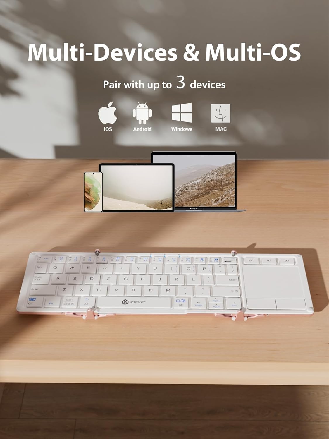 iClever Bluetooth Keyboard with Touchpad, Foldable Keyboard, Metal Body, Gesture Support, USB-C Charge, Pocket-Size Wireless for Travel, iPad, iPhone, Android, Windows, Pink White