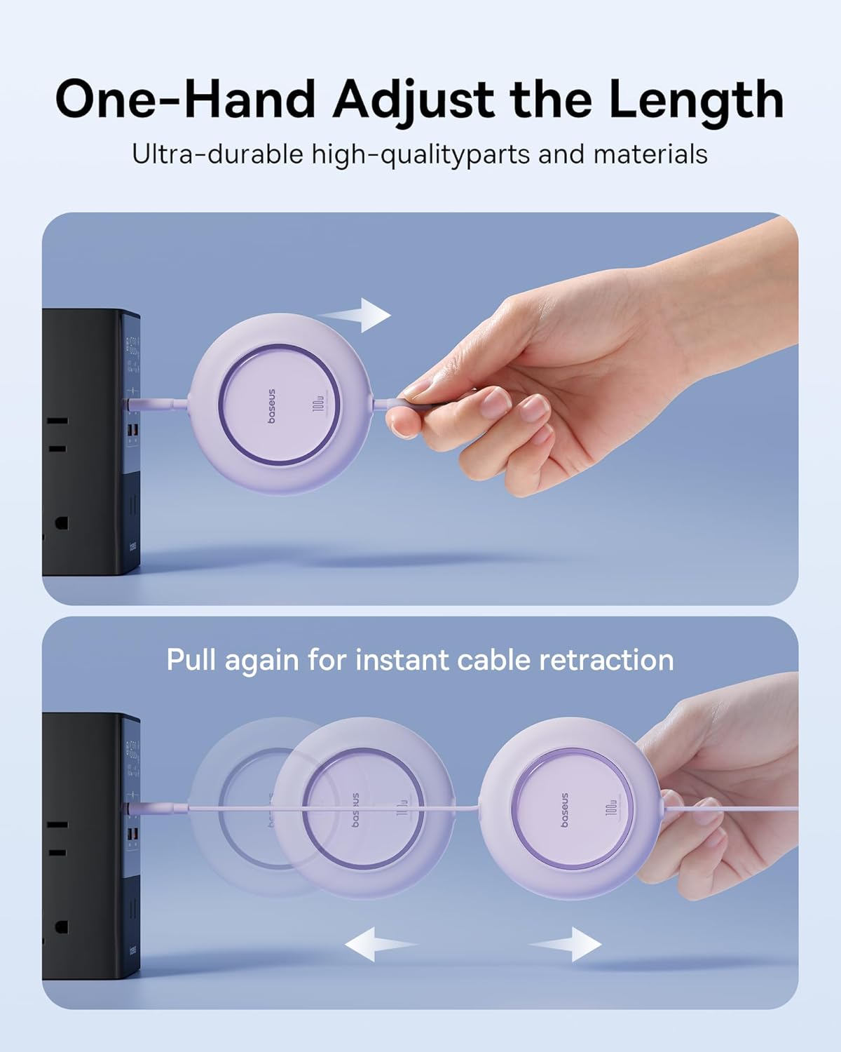 Baseus USB C to USB C Cable, 100W 6.6ft Retractable USB C Fast Charging Cable, 7-Stage Length Preset Retractable Charger Cord for iPhone 16 15 Pro Plus Pro Max, MacBook, iPad Pro, Samsung S24/S23+