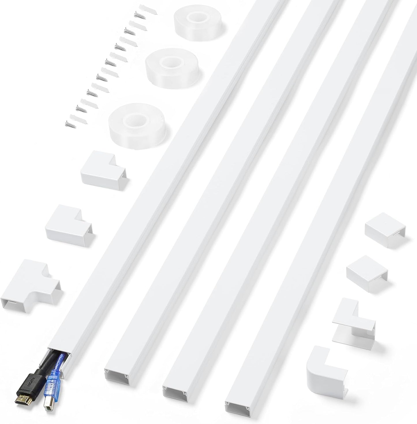 Cord Covers for Wires on Wall Extra-Long, 13.12ft TV Cord Hider Kit, Paintable Cable Management Concealer, White Cord Raceway Channel, 4 x L39in x W0.95in x H0.55in