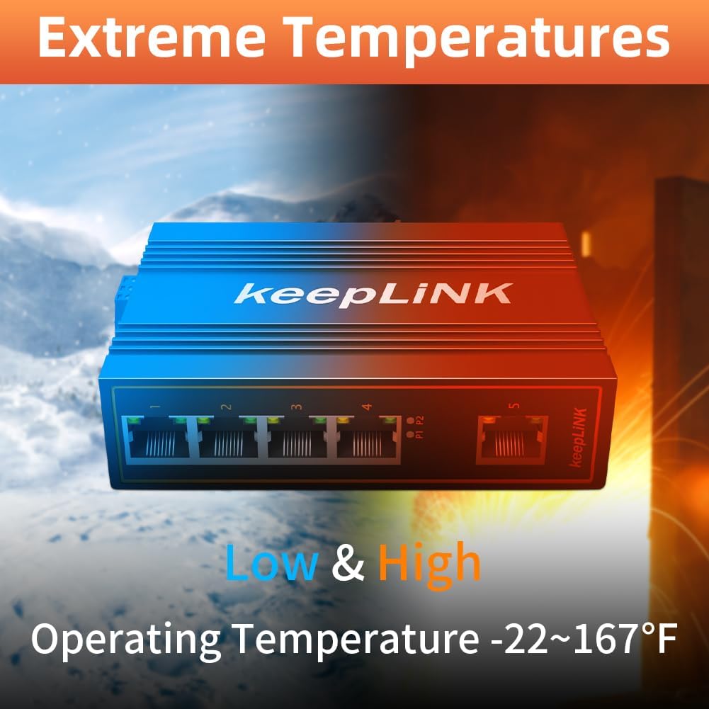 5 Port Gigabit Industrial PoE Switch Unmanaged, 125W Ethernet Din Rail Switch, IP40 Operating Temperature Range of -30° – 75°C (-22° – 167°F)