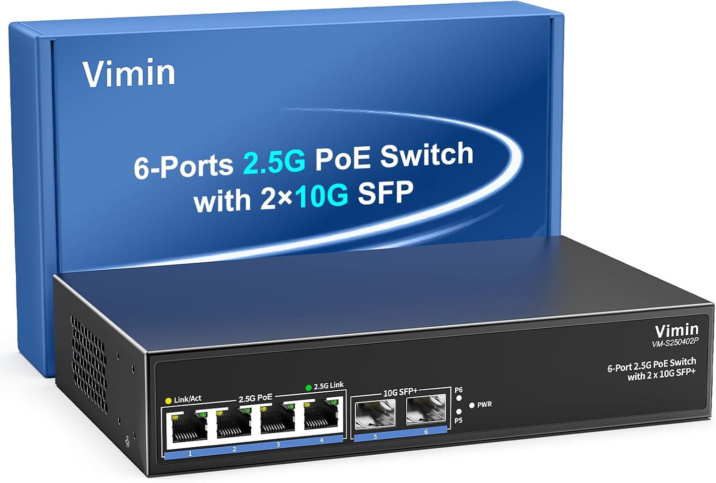6-Port 2.5G PoE Switch Unmanaged, 4X 2.5GBase-T PoE Ports, 2X 10Gbps SFP, 4 Port PoE Switch 60Gbps Switching Capacity, Support IEEE802.3af/at, Metal Housing, Fanless, Desktop/Wall Mount 2.5Gbe Switch