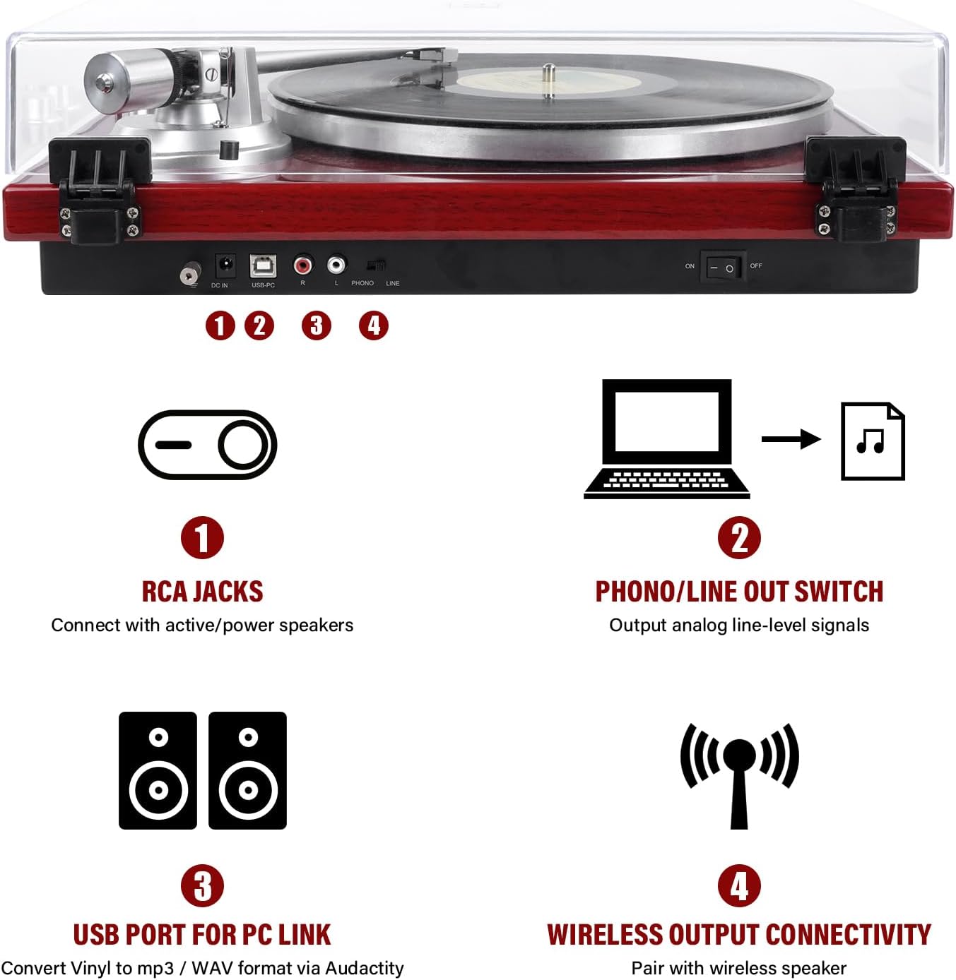 Belt Drive Turntable for Vinyl Record Player,Connect with Bluetooth Speakers or Active Speaker,Built-in Phono Pre-amp,USB Digital Output, Magnetic Cartridge,High-Gloss Wood Design(Red)