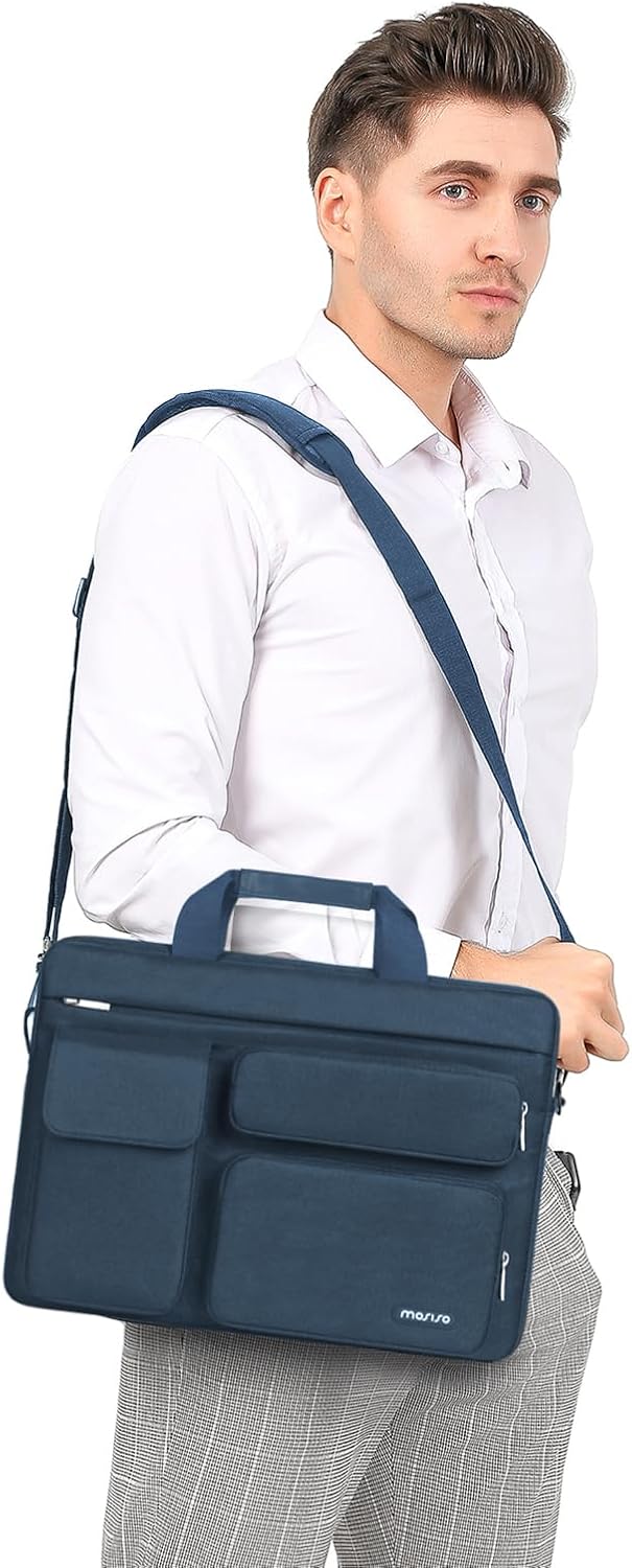 MOSISO Laptop Shoulder Bag, Computer Bag with 2 Raised&1 Flapover&1 Horizontal Pocket&Handle&Belt