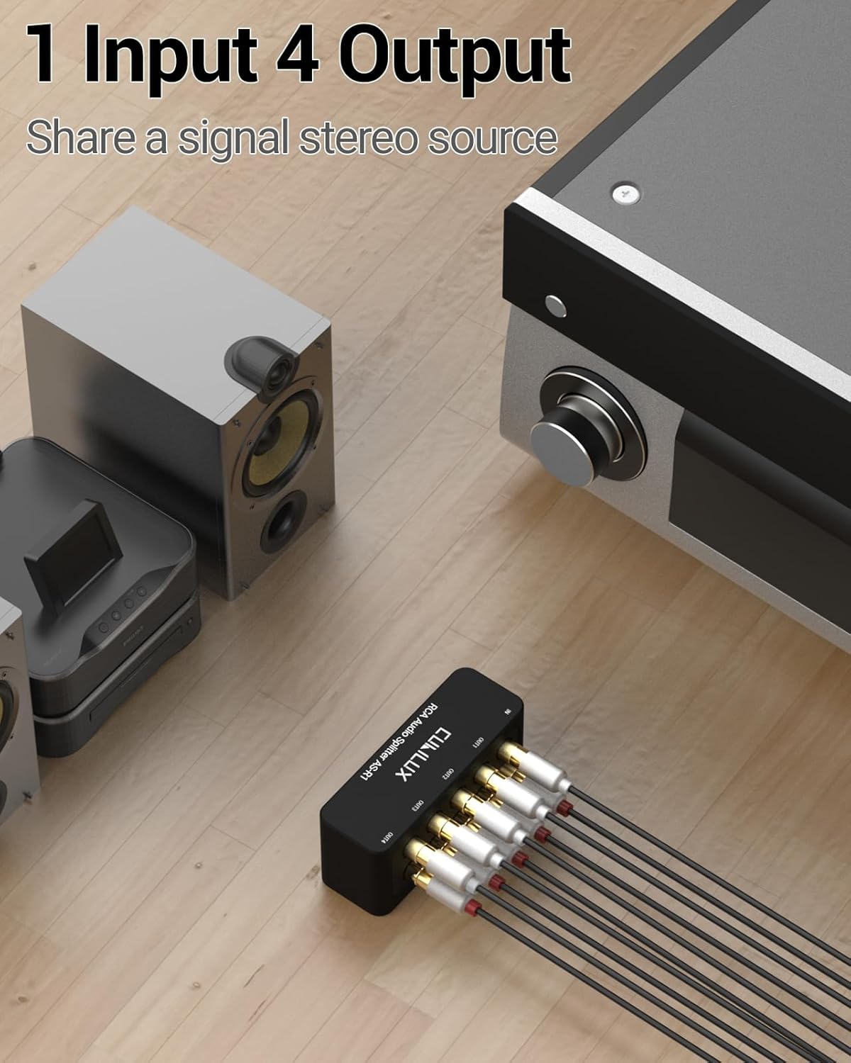 Cubilux AS-R1 4-Way Audio Splitter Box - 4-Channel Stereo RCA Splitter - Aluminum Alloy (1 in 4 Out)