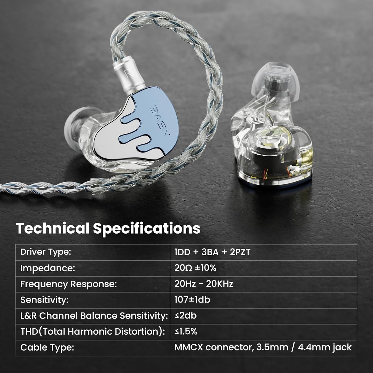 BASN BmasterX in Ear Audio Monitor, Hybrid 6 Drivers IEM Earphones with Crystal Clear Sound, Detachable Cable Plus Carrying Case & Fit Kit for Musician, Stage, Studio (3.5mm/4.4mm Jack, Blue/White)