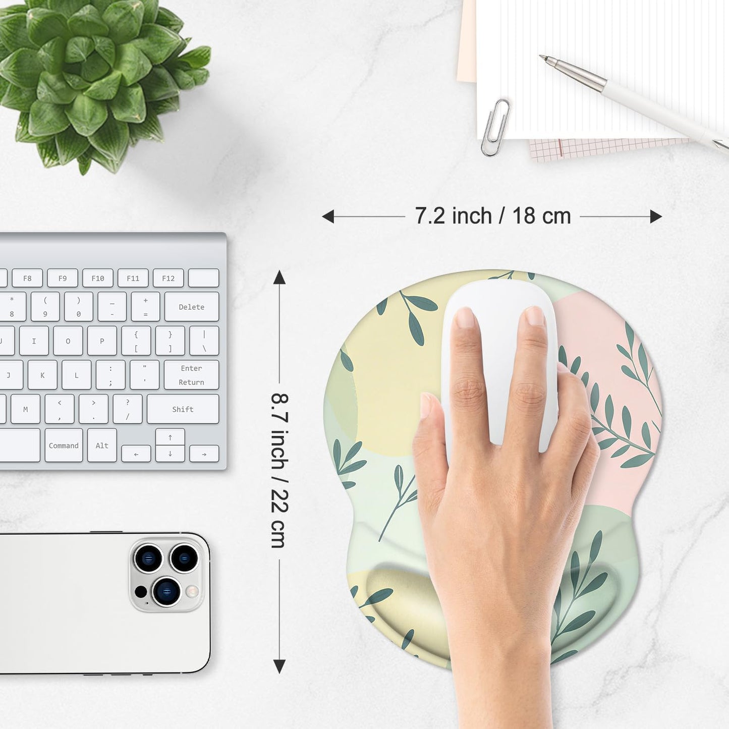 ITNRSIIET Ergonomic Mouse Pad with Comfort Gel Wrist Rest, Non-Slip PU Base, Smooth Textured Surface, Reduces Hand Fatigue & Wrist Pain, 8.7 x 7.2 Inch for Office Gaming Home, PastelFoliage