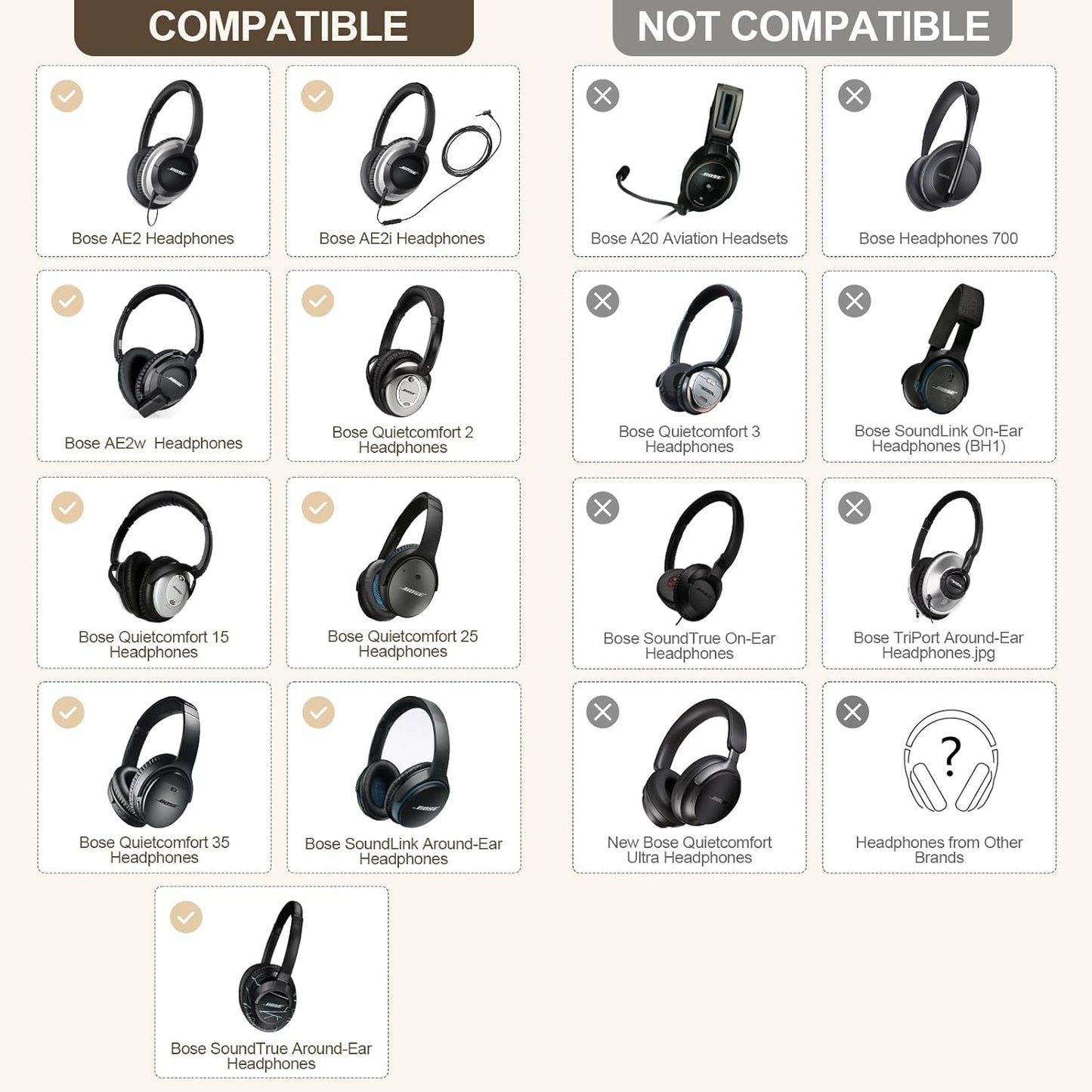 Aurivor Replacement Ear-Pads Cushions for Bose QuietComfort (QC) 35 35ii 25 15 2 and More Headphones, Upgraded Covers with Soft Protein Leather, Reinforced Sealing, Optimized Memory Foam (Brown)