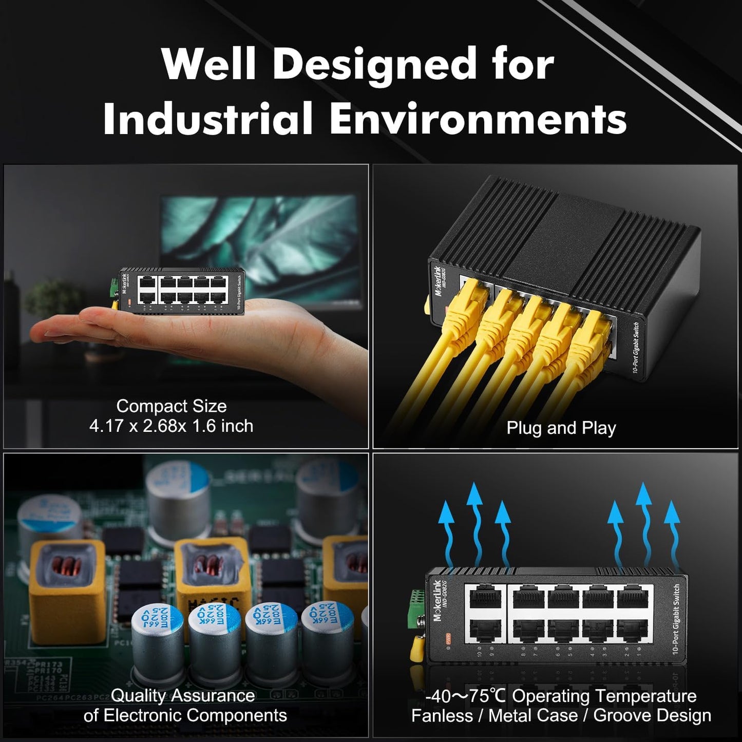 MokerLink 10 Port Gigabit Industrial DIN-Rail Ethernet Switch, Unmanaged IP40 Network Switch (-40 to 185°F), Mini Size, with Power Supply