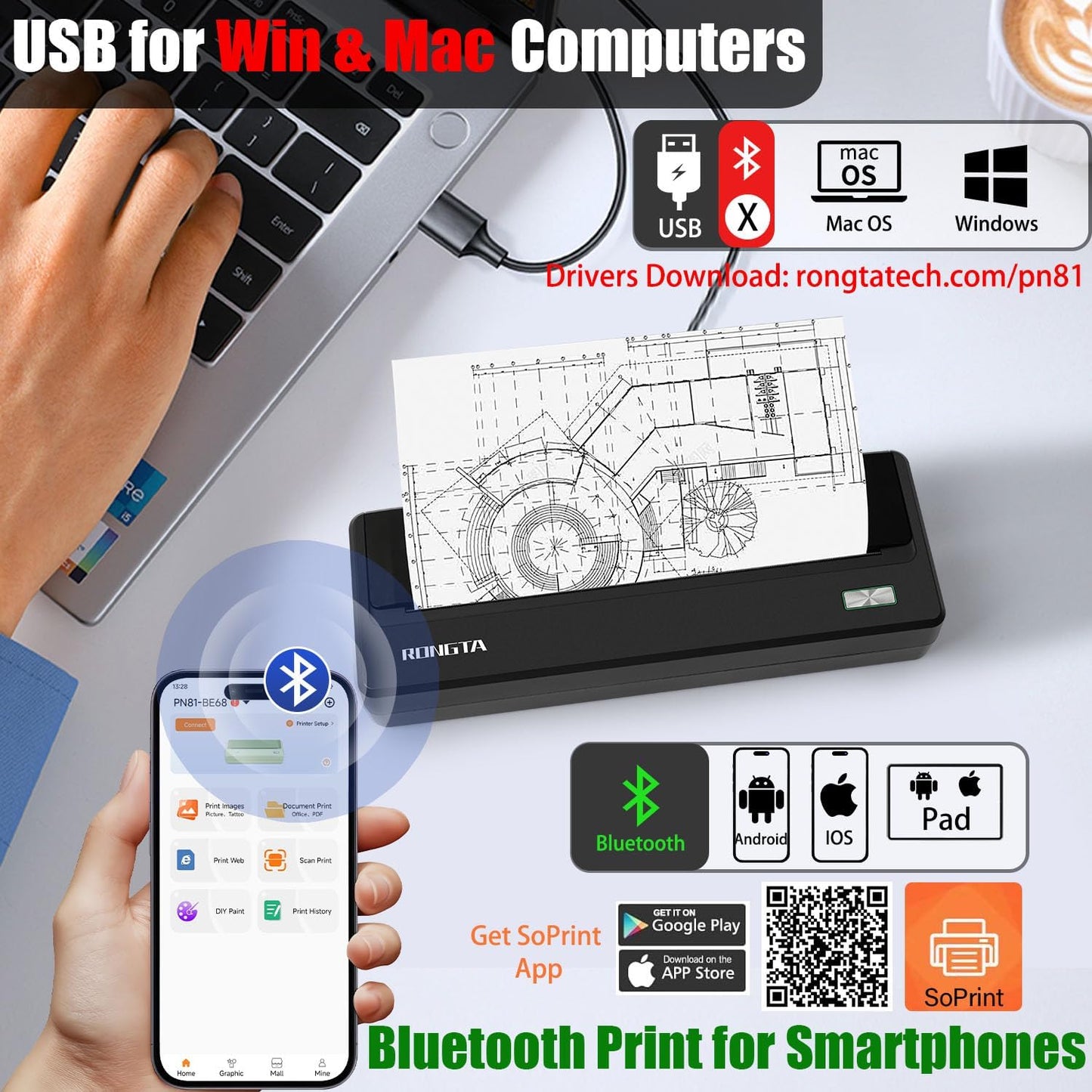 Inkless Portable Printer for Travel, Wireless Thermal Printer Support 8.5 x 11 inch A4/ US Letter, Bluetooth Compatible with Android/iOS Smartphone for Home Use (Grey)