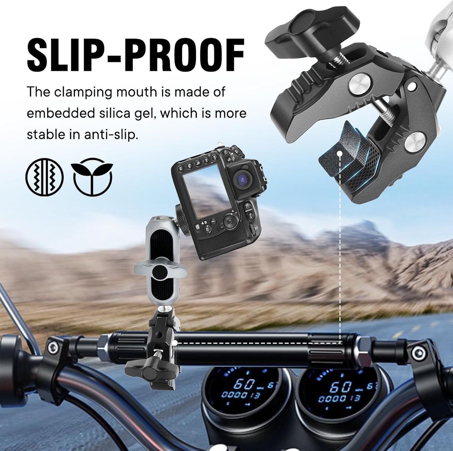Aluminum Alloy Camera Mounts Clamp Mount Bicycle Handlebar Adapter Mount with Dual 360°Rotatable Ball Head with Adapter Phone Clip Compatible with Hero Insta360 and Other Action Cameras