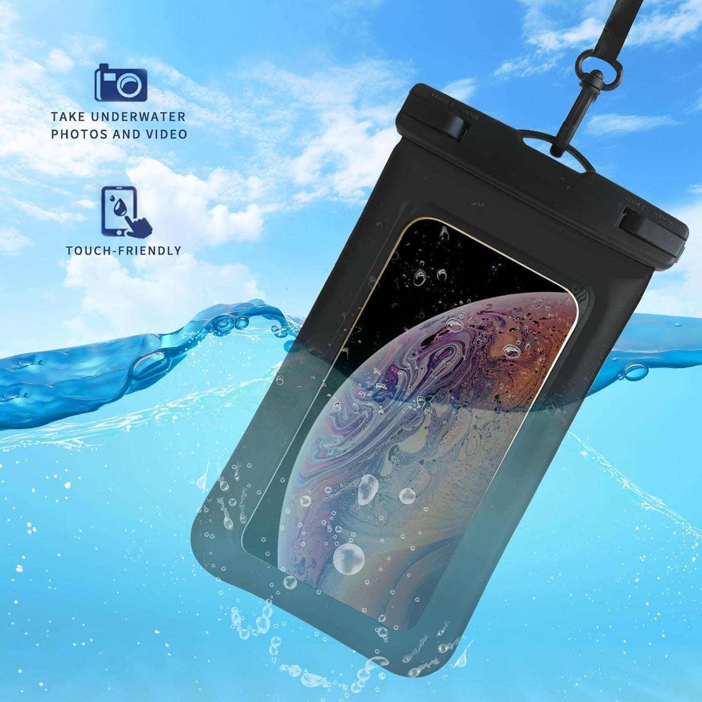 Floatable Waterproof Phone Pouch/Case with Crossbody Lanyard for iPhone 16 Pro Max/15 Pro/14/13/12, IP68 Cellphone Dry Bag Beach Cruise Ship Essentials, 1 Pack-Black-7″