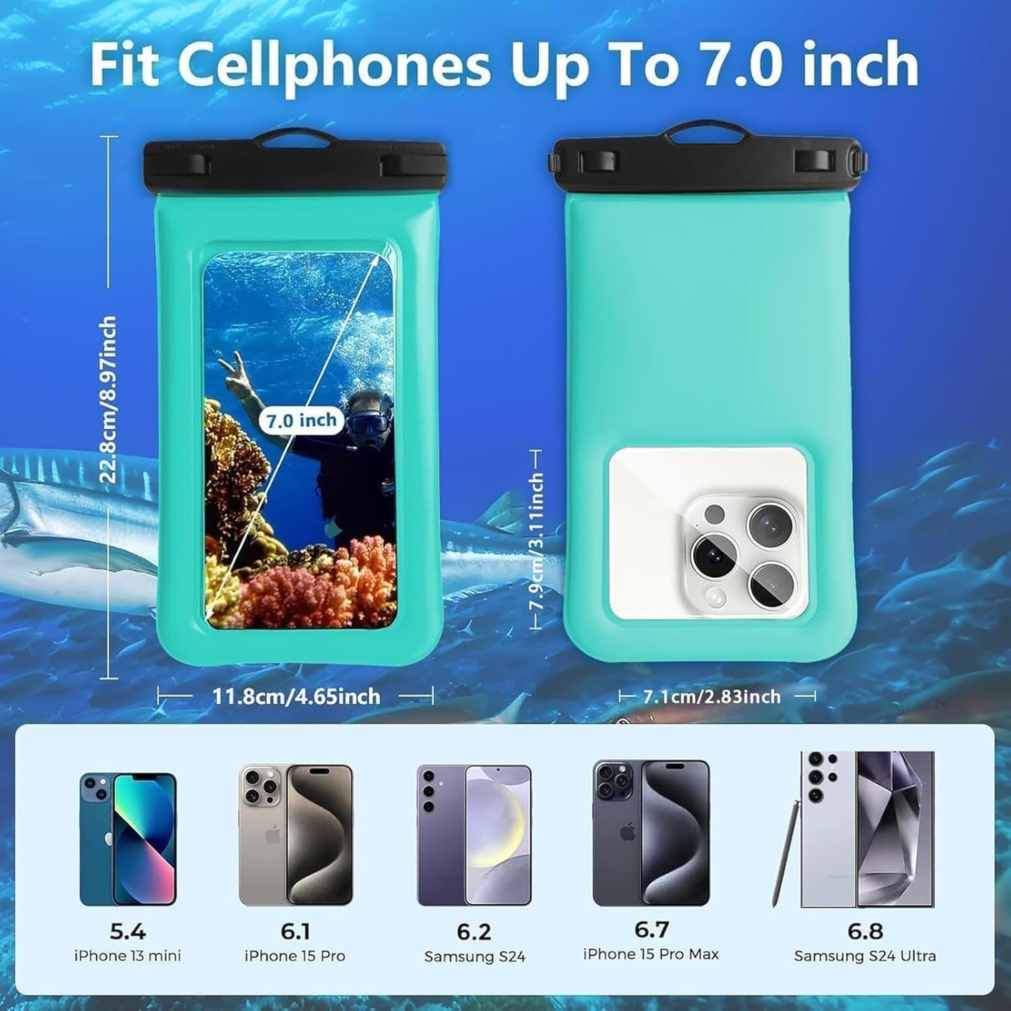 Floatable Soap Bubble Waterproof Phone Pouch/Case with Crossbody Lanyard for iPhone 16 Pro Max/15 Pro/14/13/12, IP68 Cellphone Dry Bag Beach Cruise Ship Essentials, 1 Pack-Green-7″