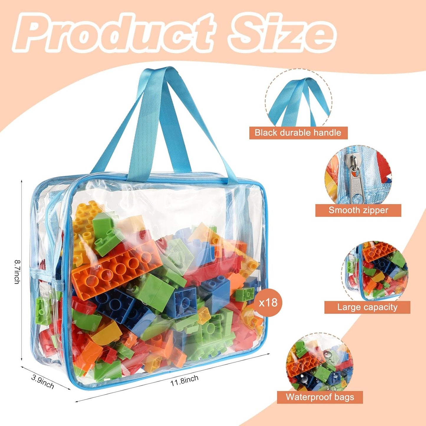 18 Packs Large Toy Storage Bags with Labels, 6 Colors Clear PVC Toy Storage Organizer with Zipper, Waterproof Reuseful Clear Organizer Bags for Building Blocks, Puzzles, Kids Books, Board Game