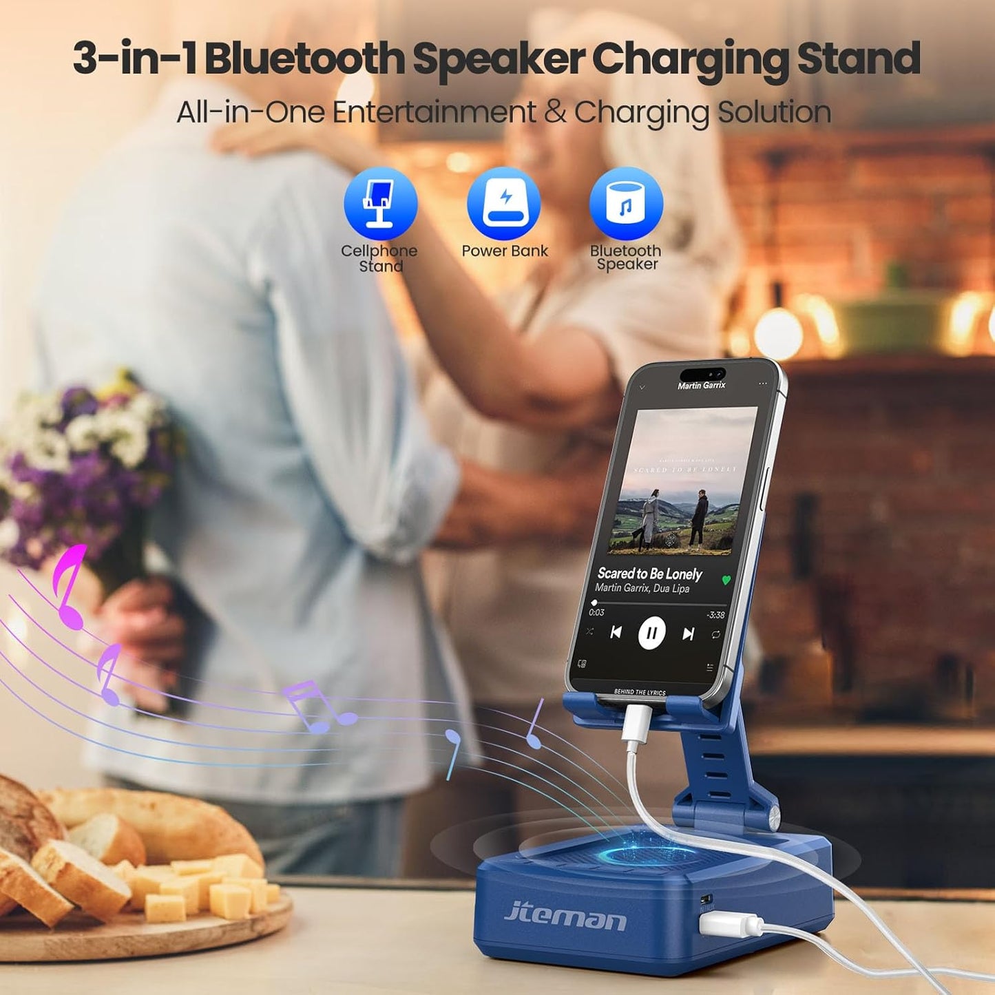 JTEMAN Cell Phone Stand with Bluetooth Speaker and Charging Function,Bluetooth Audio Power Bank Bracket,Birthday Gifts for Men Women,Kitchen Gadgets for Most Phones and Tablets-Blue