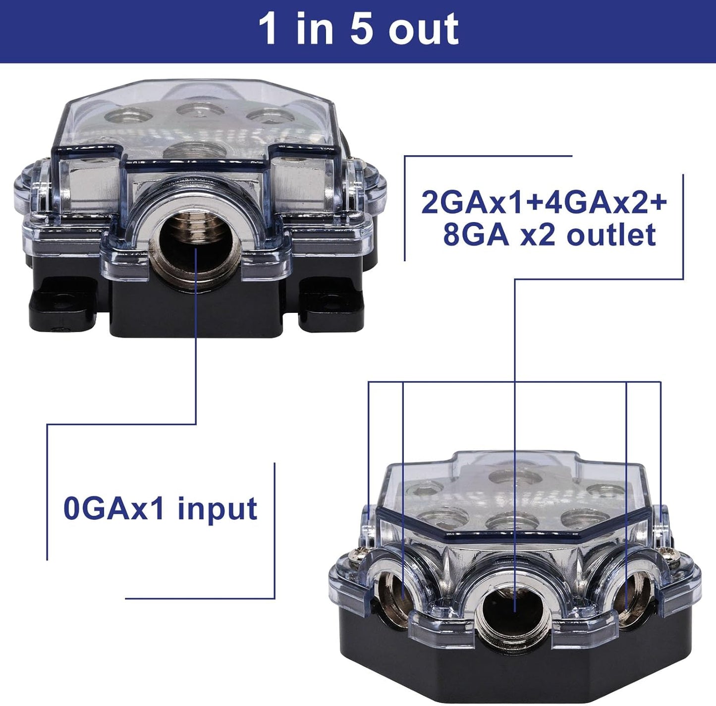 2pc Power Distribution Block Car Audio 1 in 5 Ways Out Car Audio Distributions Block 0 Gauge Input 2/4/8 Gauge Out Ground Cable Splitter Distribution Blocks for Automotive