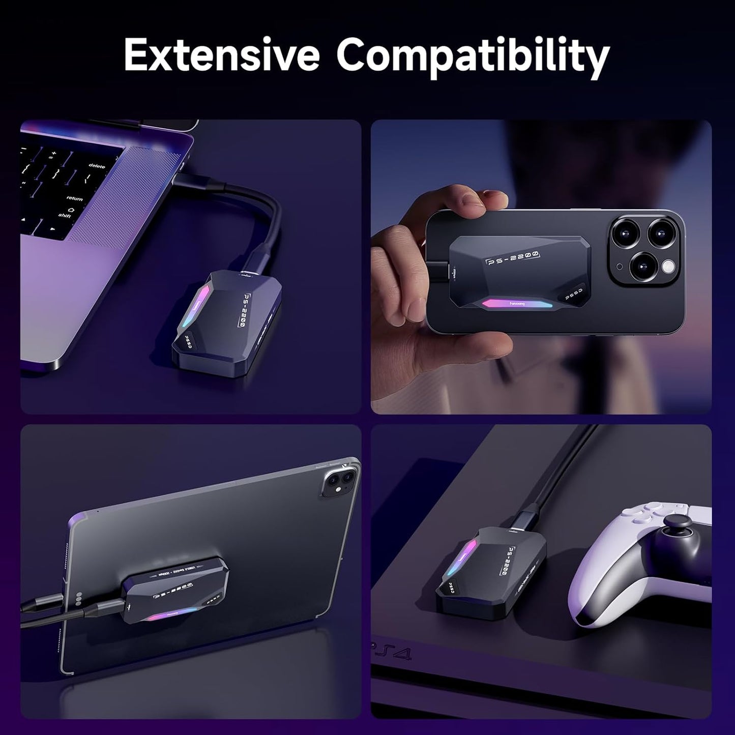 500GB Magnetic Portable SSD,2050MB/s Type-C USB 3.2 Gen 2x2 External SSD,4K ProRes Record and Store,Aluminum alloy,RGB Touch Lighting,External Solid State Drive for iPhone15/16/Android/PC/Mac -PS2200