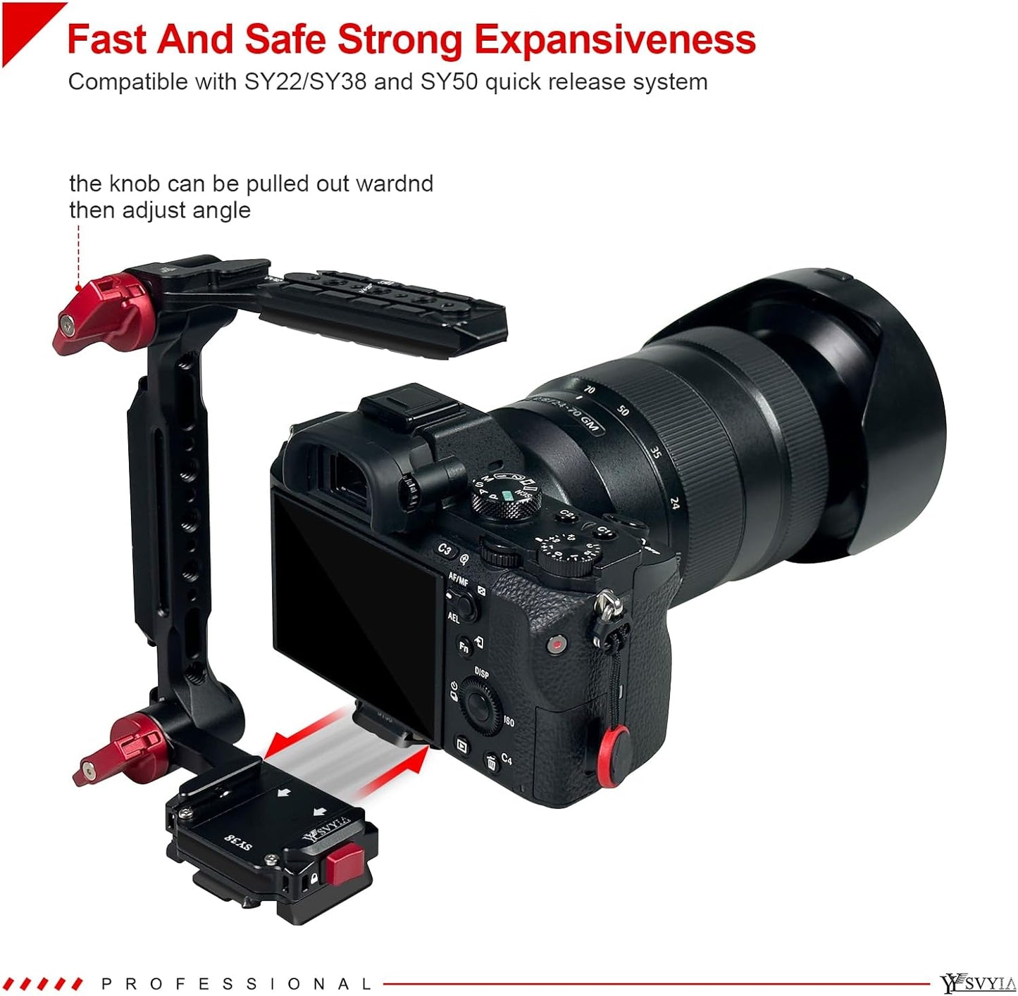 SY38 Camera Quick Release Foldable Half Cage,Camera Cage Compatible with SY22 SY38 SY50 Quick Release System,Compatible Arca and 38mm 50mm Bayonet and Tripod on The Market,V3802