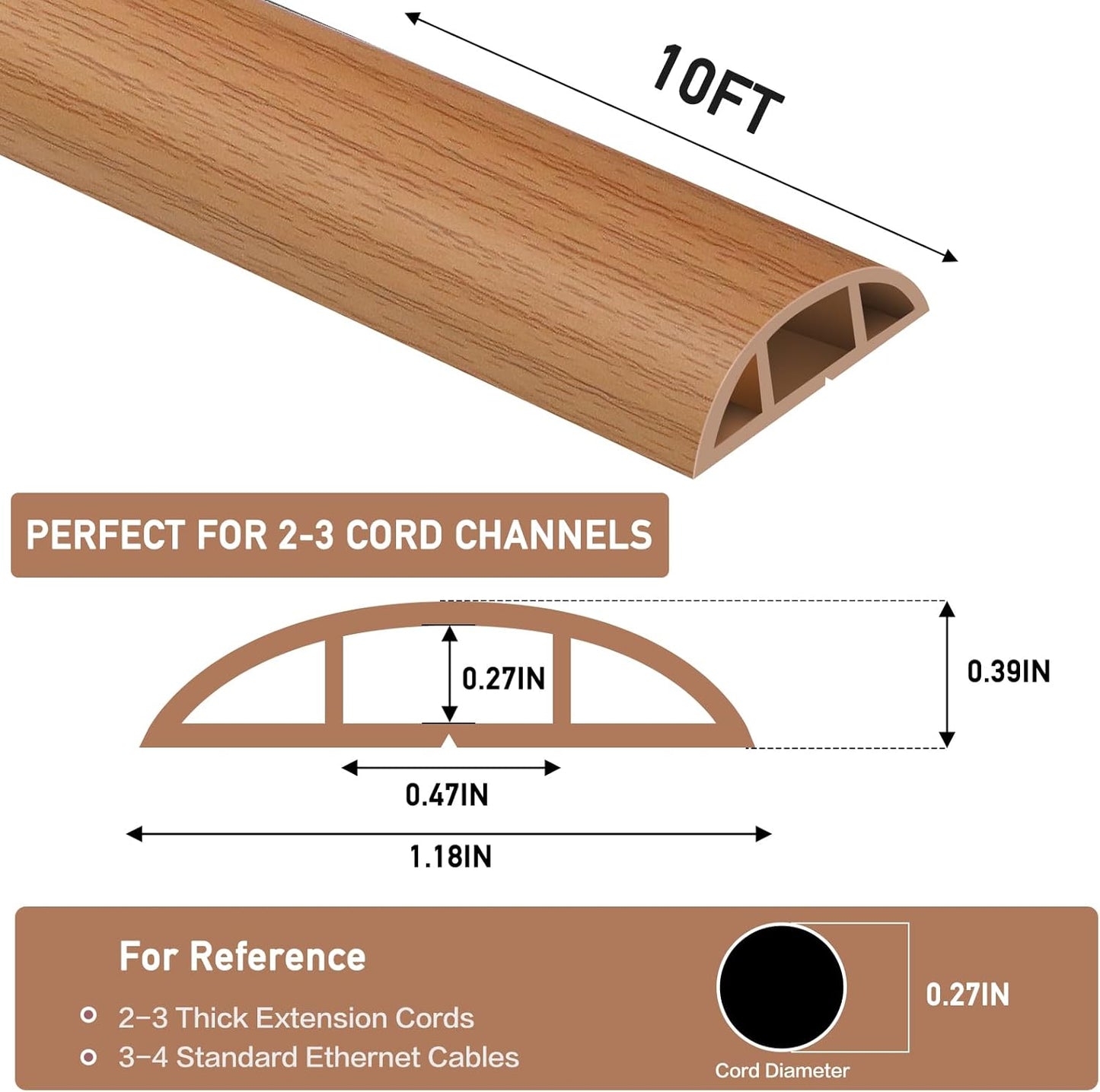 Floor Cord Cover Self Adhesive Cord Hider Floor Extension Cord Covers for Floor Power Cord Protector Cable Management Prevent Cable Trips Cable Cavity 0.47" W x 0.27" H (Light Brown Wood, 10Ft)